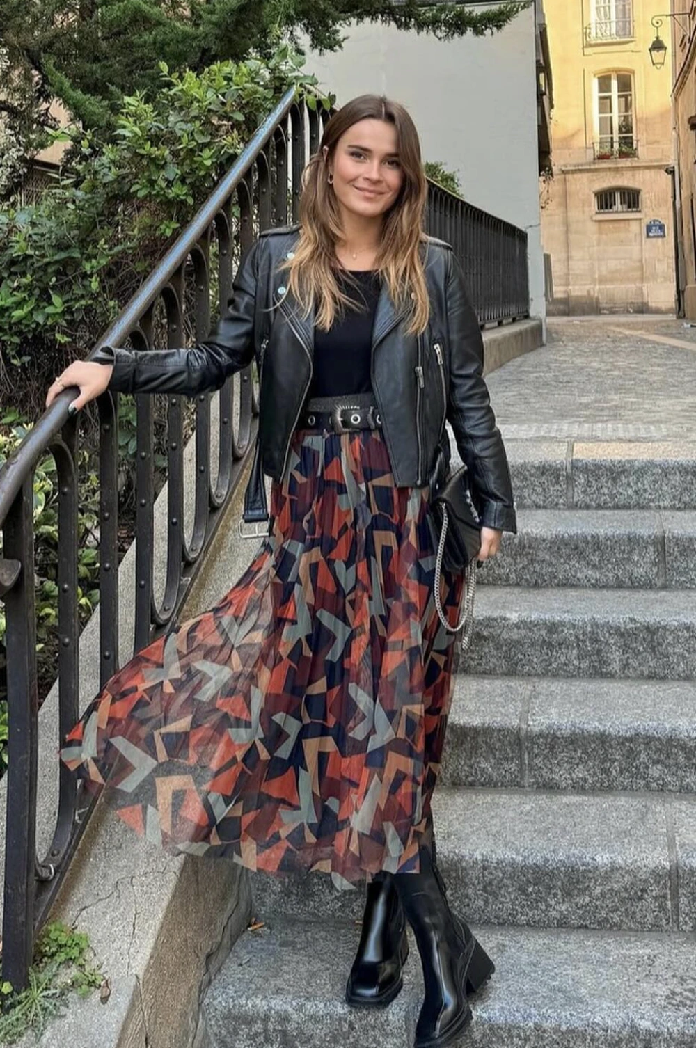 Black Leather Jacket + Geometric Mesh Skirt + Black Boots
