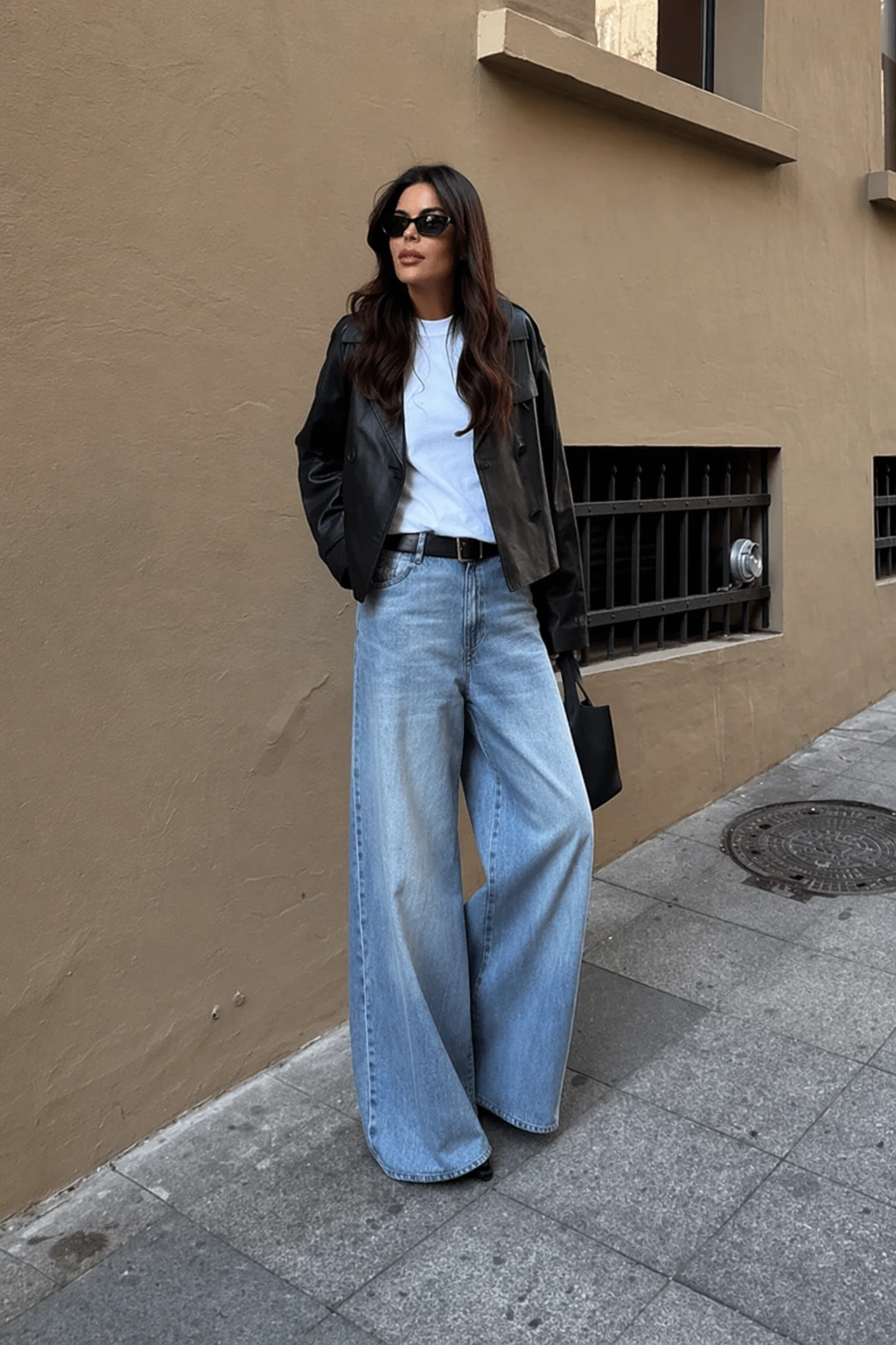 Black Leather Jacket + White Crewneck T-Shirt + Light Wash Baggy Jeans + Black Belt