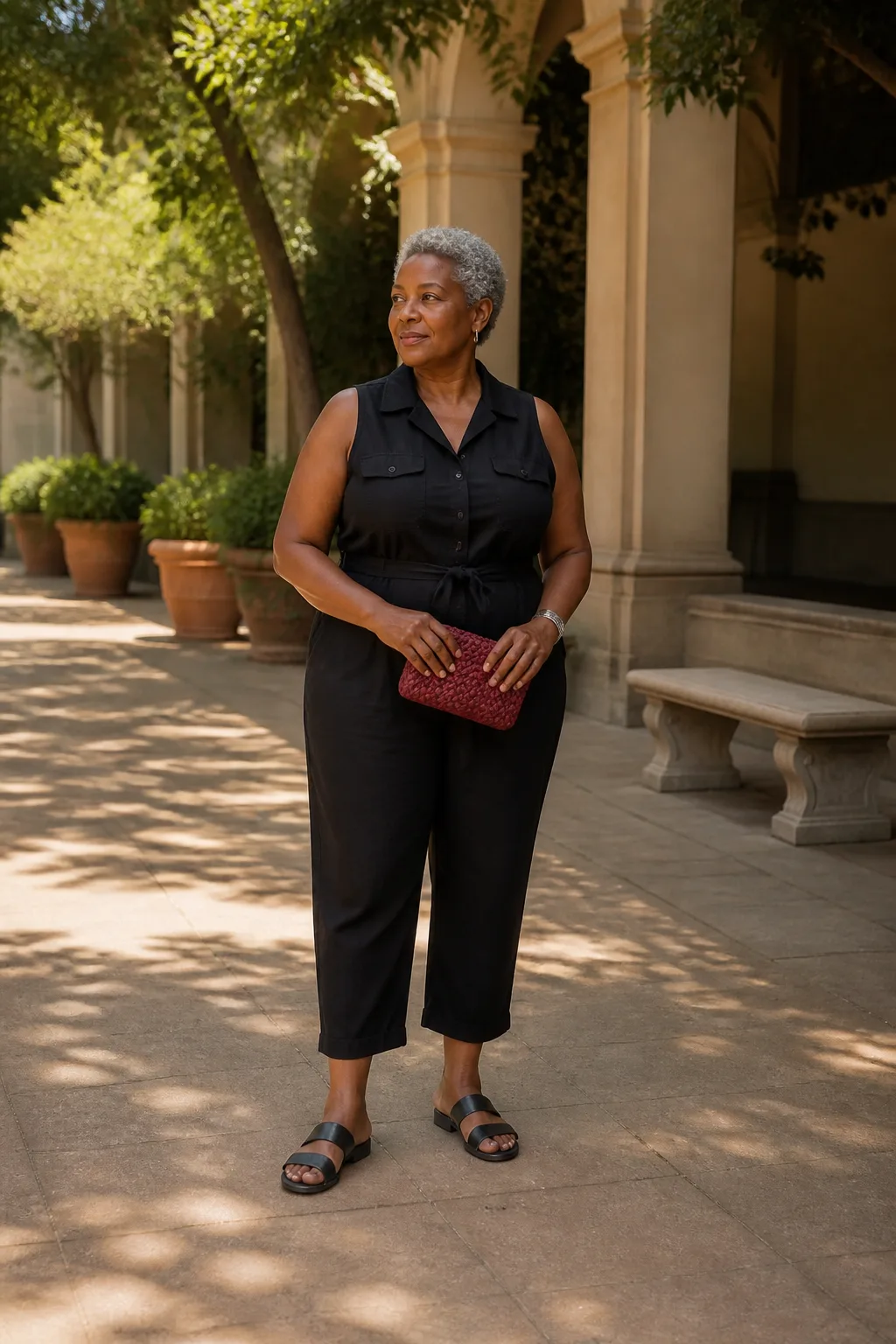Black Linen Jumpsuit with Flat Sandals