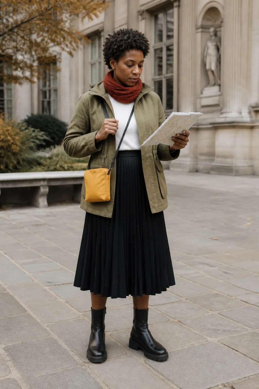 Black Midi Skirt, Utility Jacket and Lug-Sole Boots