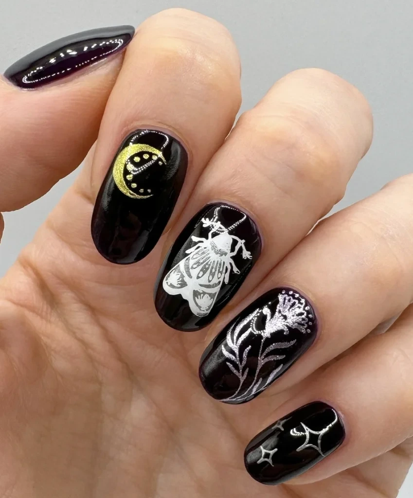 6- Black Moonlit Nails with Metallic Details