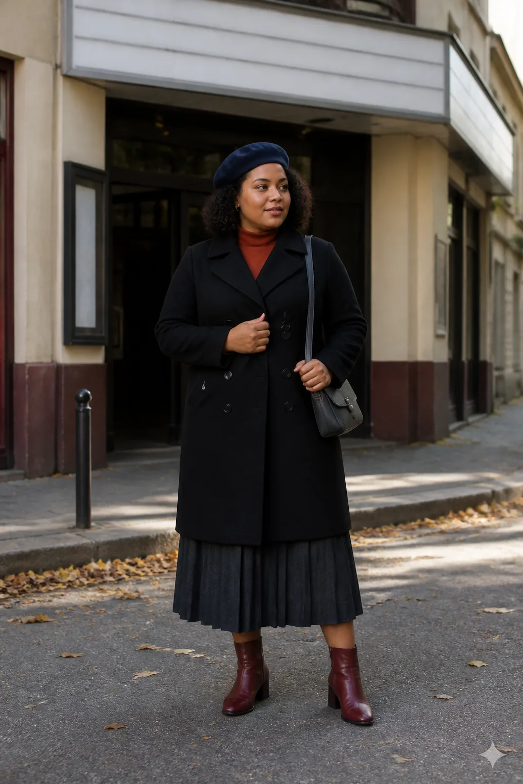 Black Peacoat with Rust Pleated Skirt