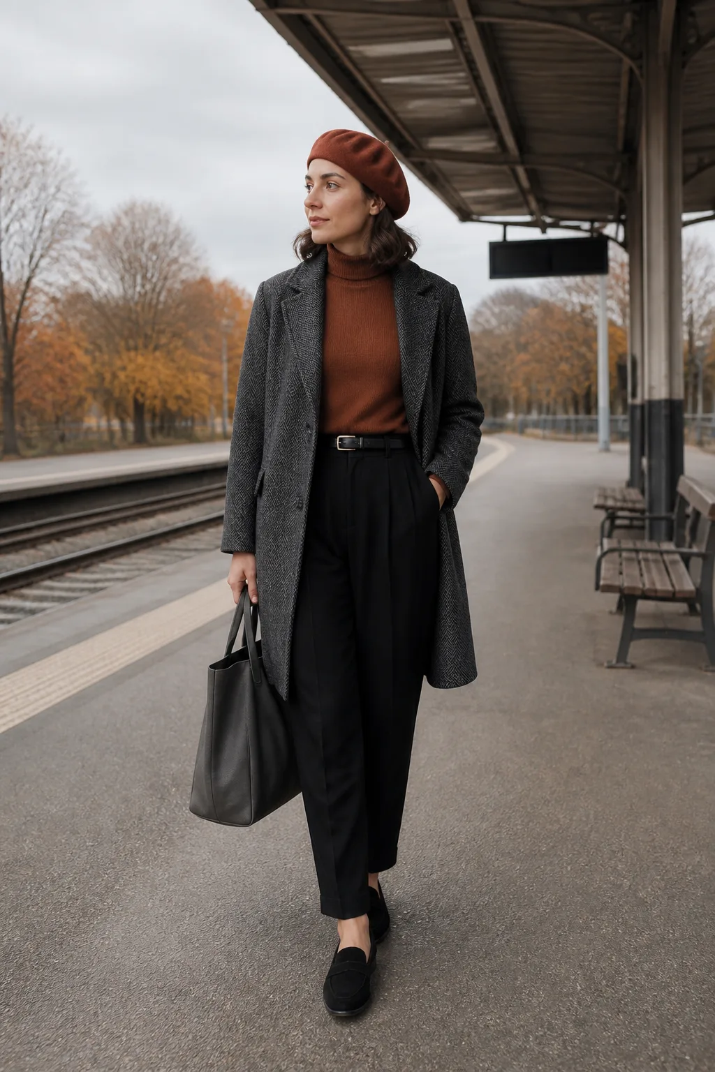 Black Pleated Trousers with a Fine-Gauge Turtleneck