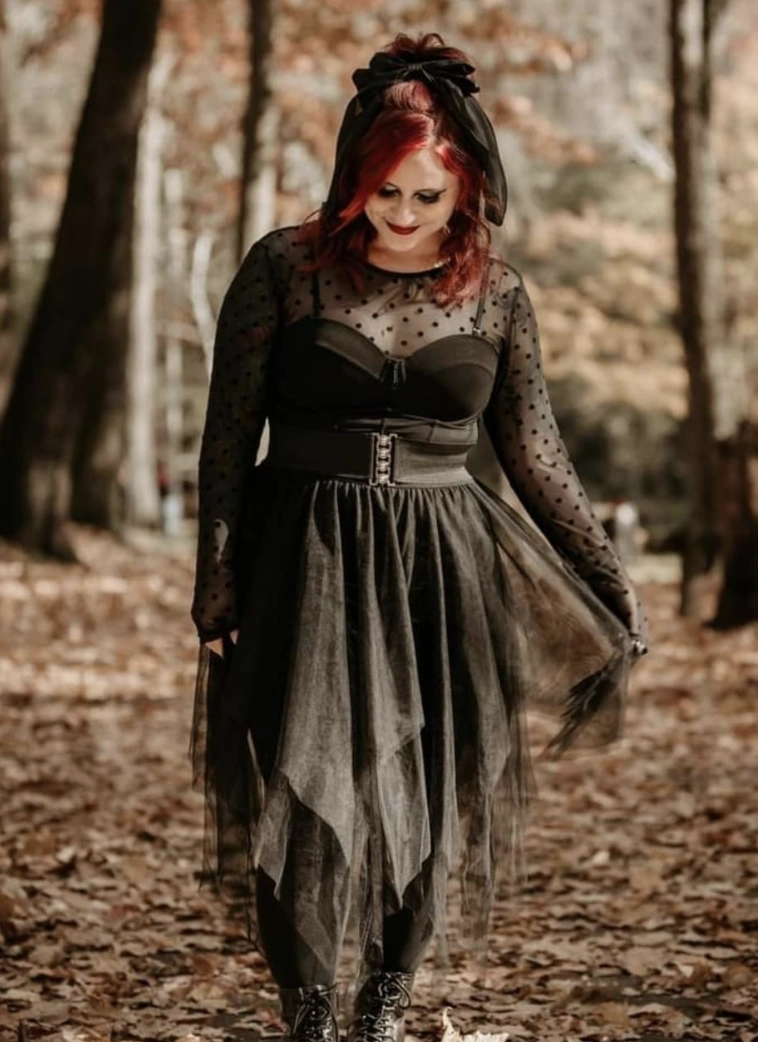 Black Polka Dot Mesh Top + Black Tulle Dress + Black Combat Boots + Black Ribbon Headband