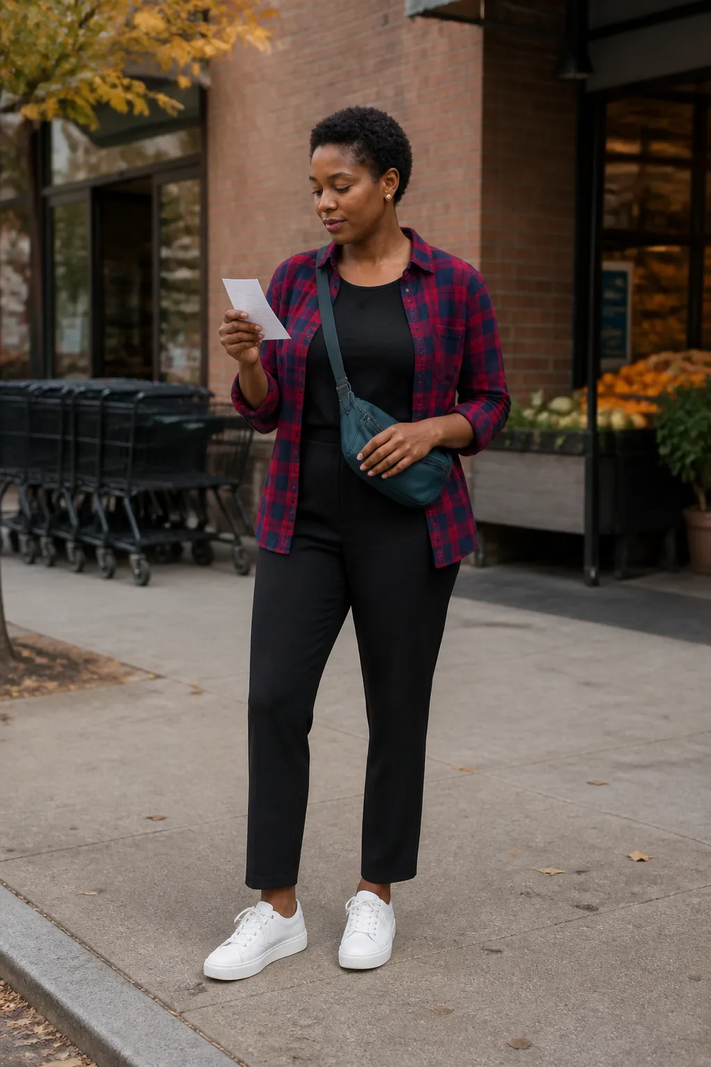 Black Ponte Jumpsuit with a Checked Overshirt