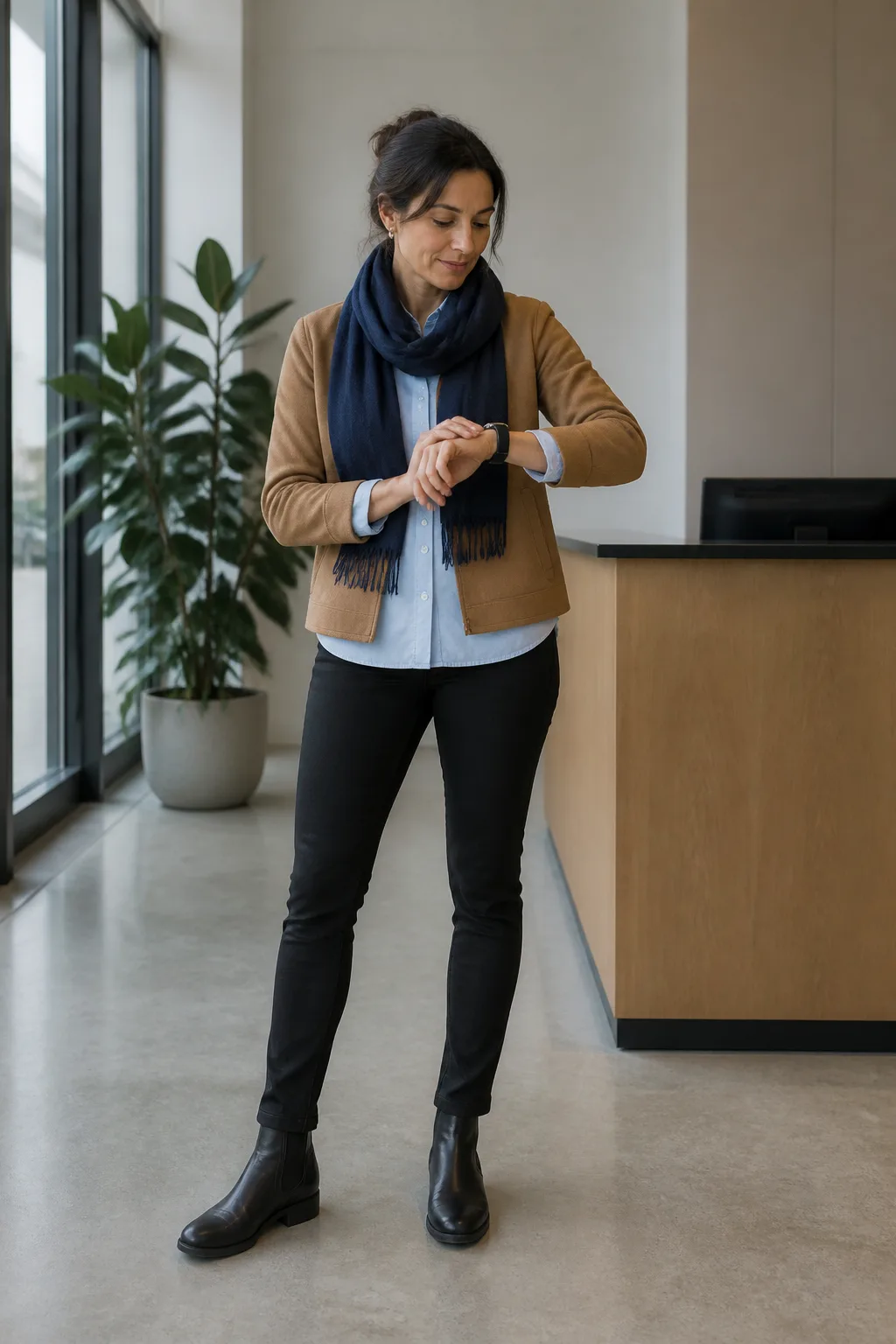 Black Ponte Pants with a Camel Knit Jacket