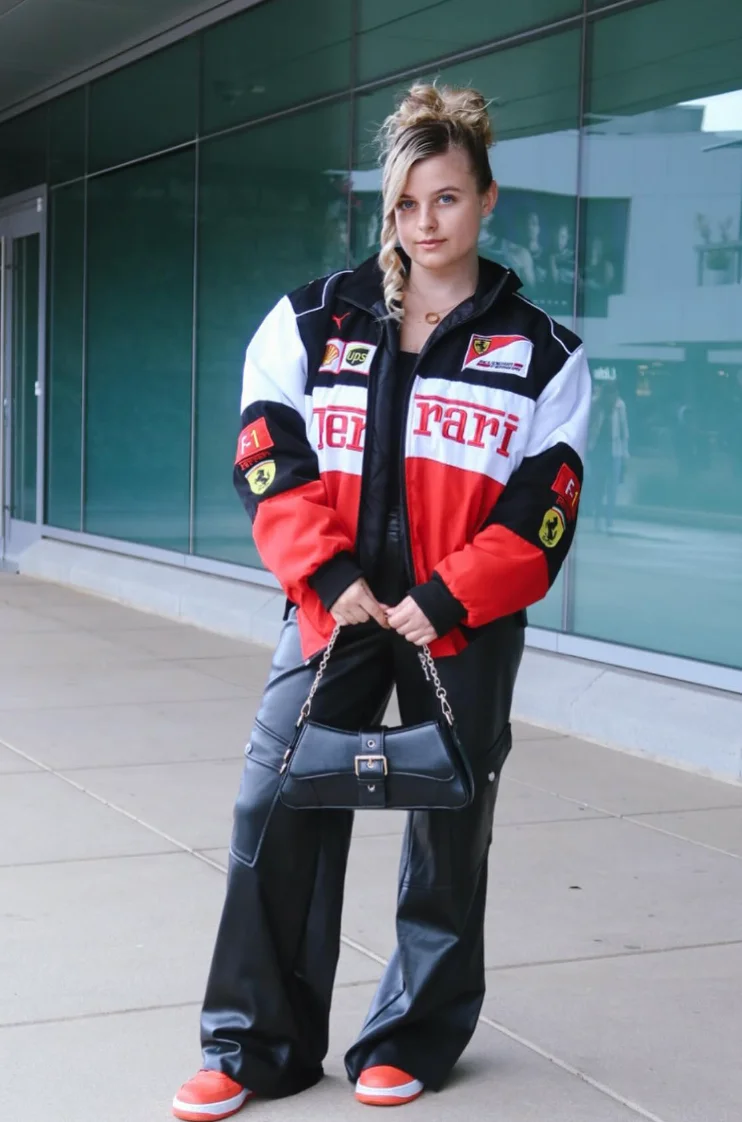 Black Red Racing Jacket + Black Wide-Leg Leather Pants + Red White Sneakers