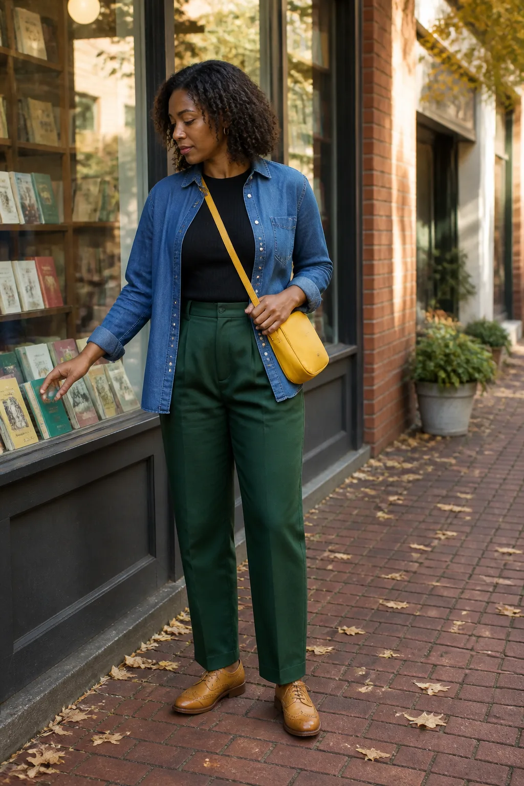 Black Ribbed Top, Forest Trousers, and Denim Overshirt