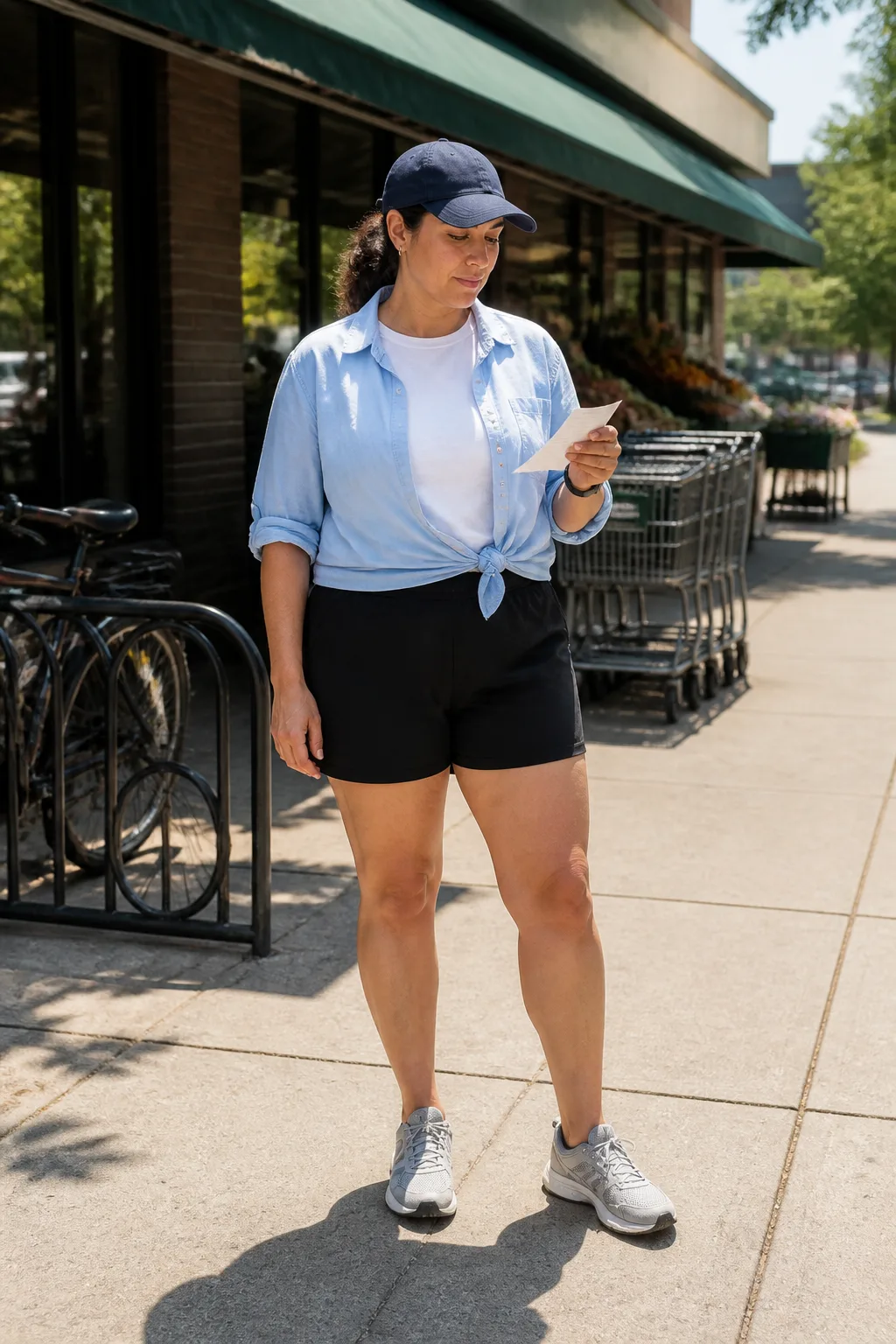 Black Running Shorts, Blue Poplin Shirt, and Mesh Sneakers