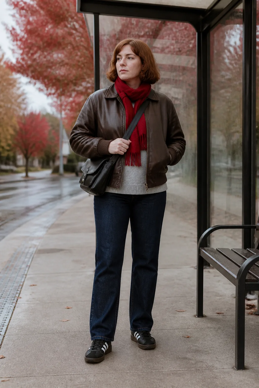 Black Sambas with a Chocolate Leather Jacket