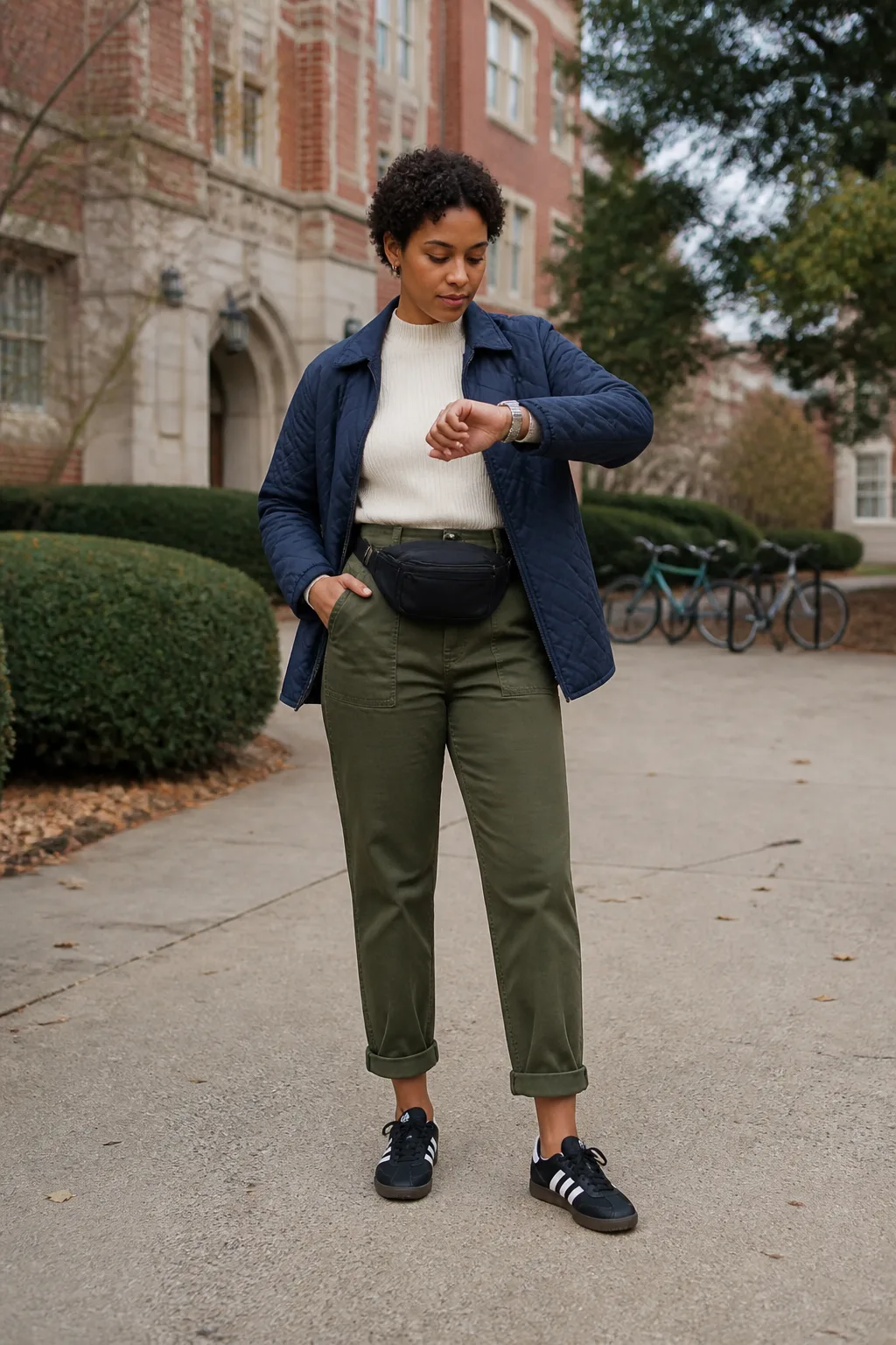 Black Sambas with Olive Utility Trousers