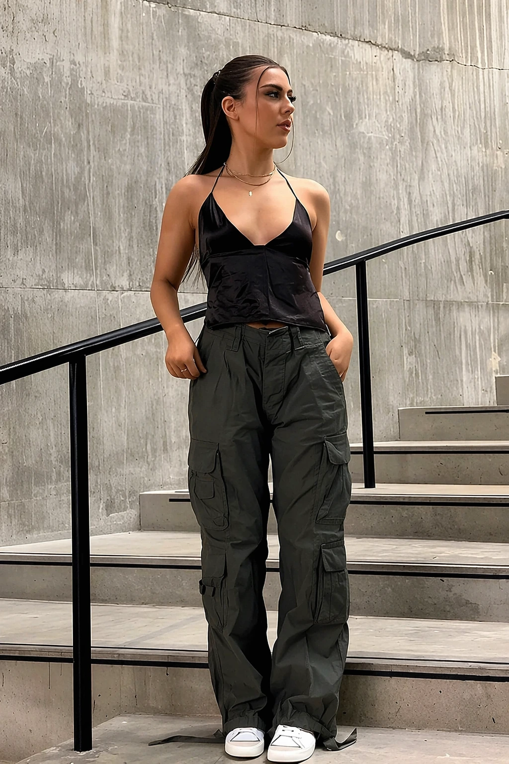 Black Satin Cami Top + Olive Cargo Pants + White Sneakers