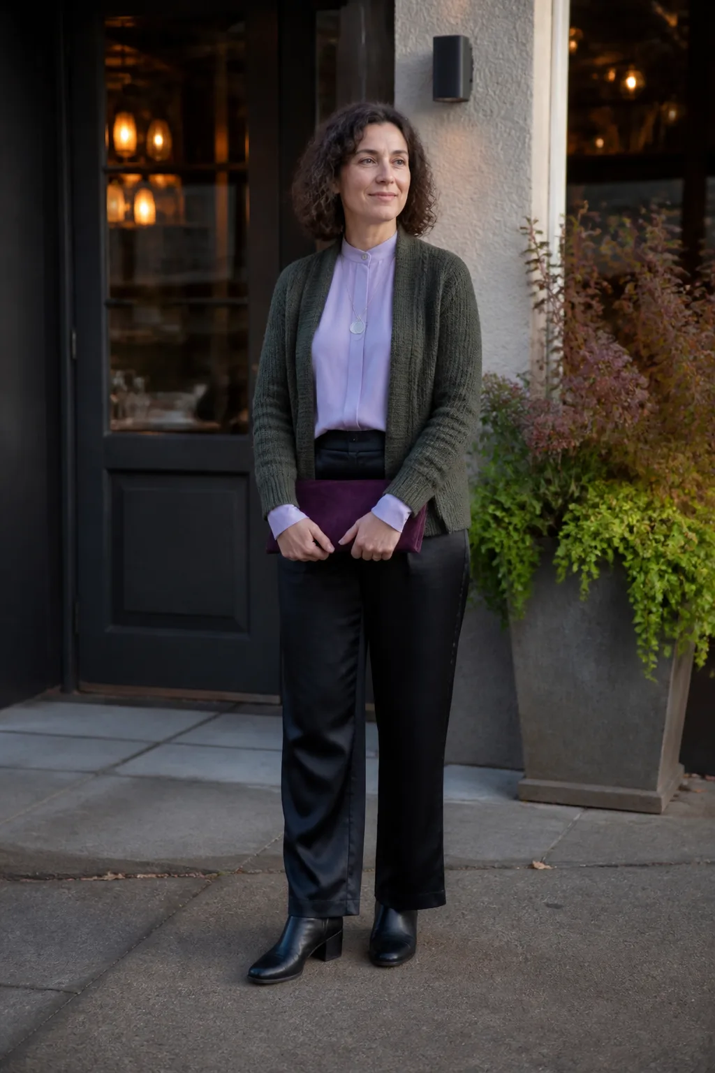 Black Satin Pants with a Textured Cardigan