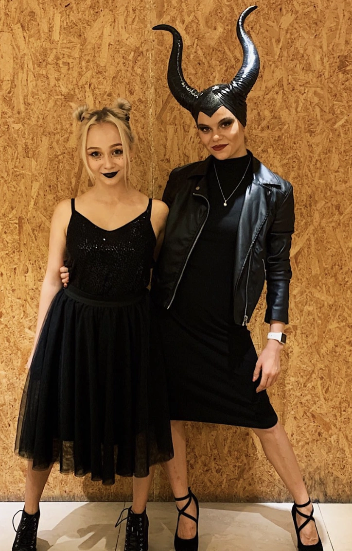 Black Sequin Dress + Black Tulle Skirt + Black Leather Jacket + Horned Headpiece