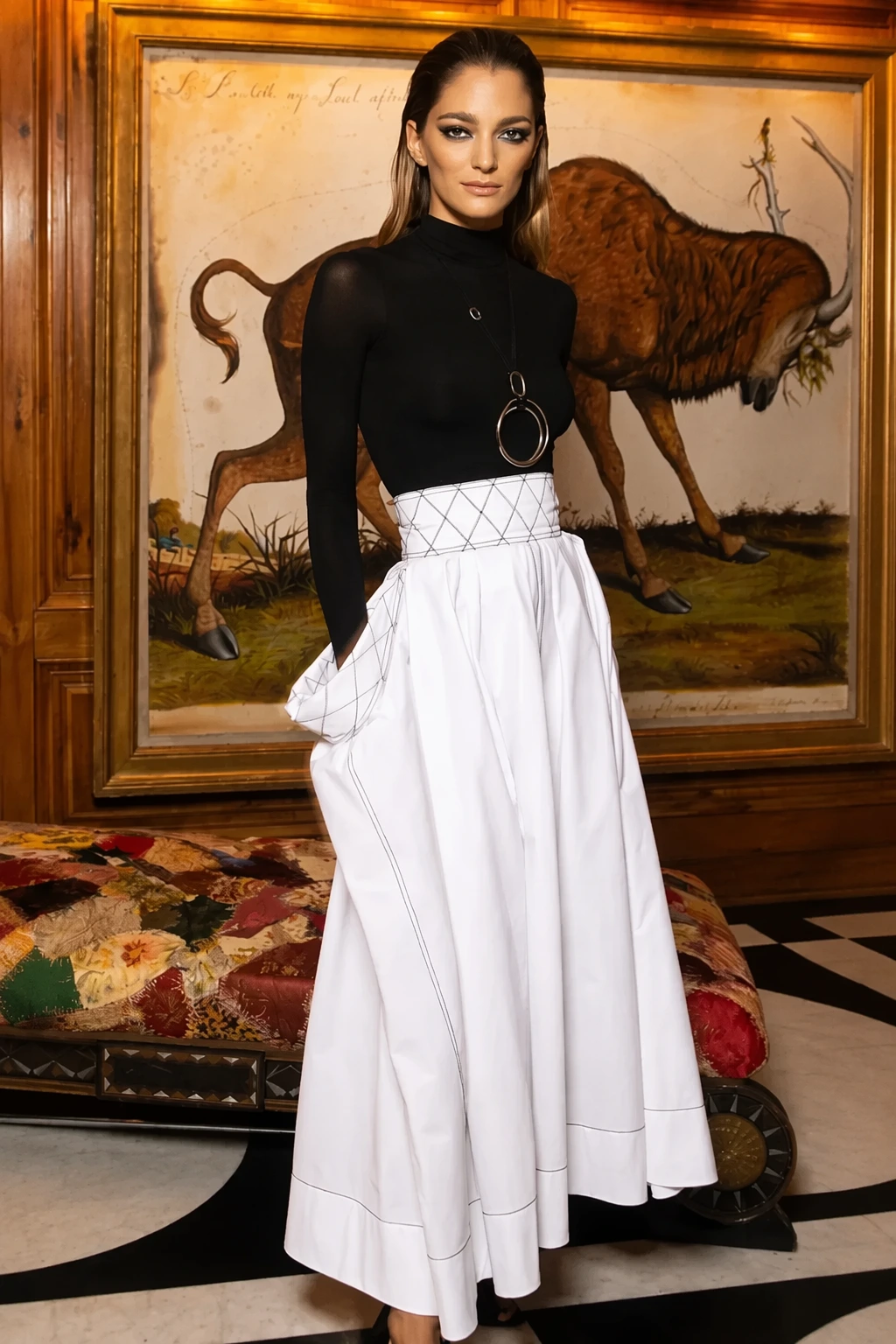 Black Sheer Turtleneck Top + White High-Waisted Midi Skirt + Black Pointed-Toe Heels + Silver Hoop Pendant Necklace