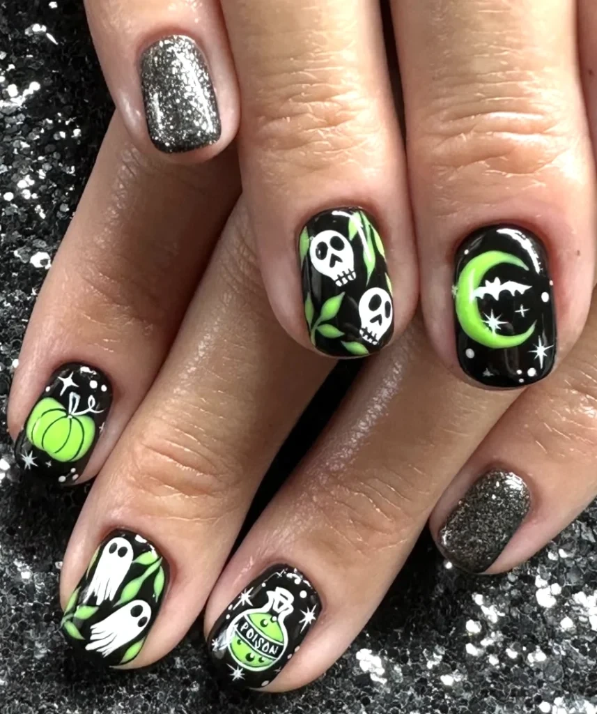 3- Black Square Nails with Green Skulls