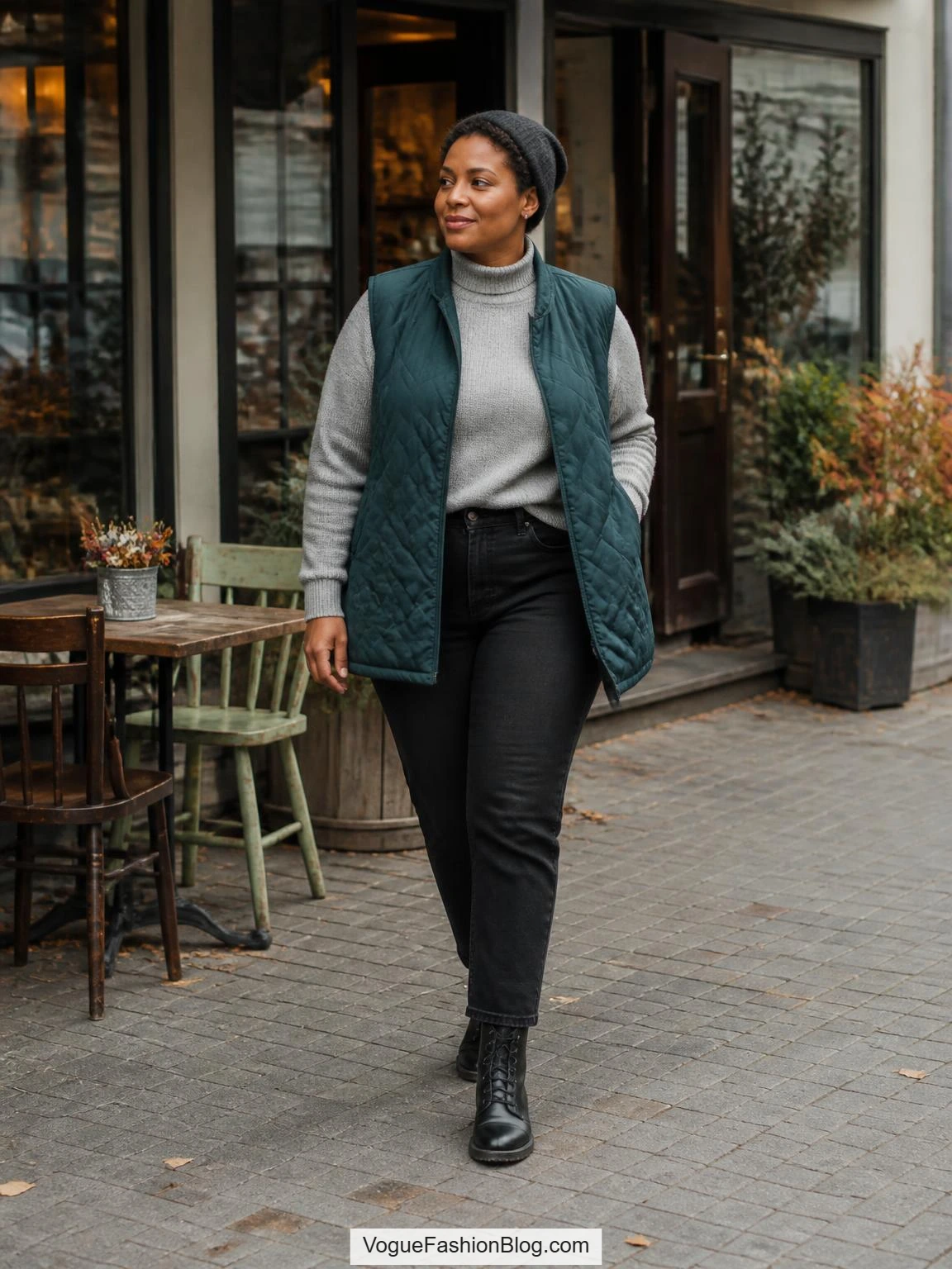 Plus size fall outfits feature black straight-leg jeans, a gray mock-neck, and a teal quilted vest on a cafe terrace