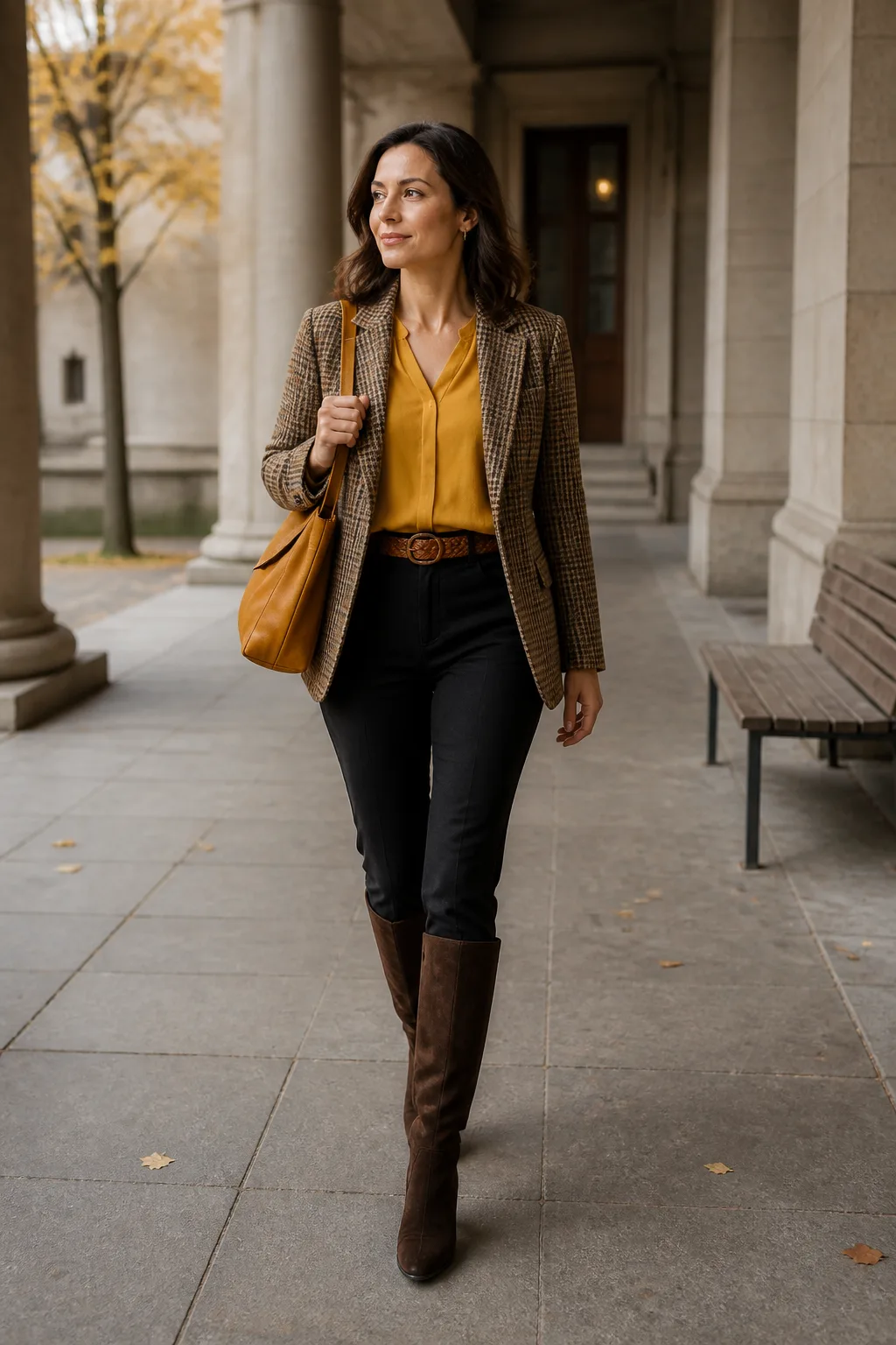 Black Tapered Pants with a Checked Wool Jacket
