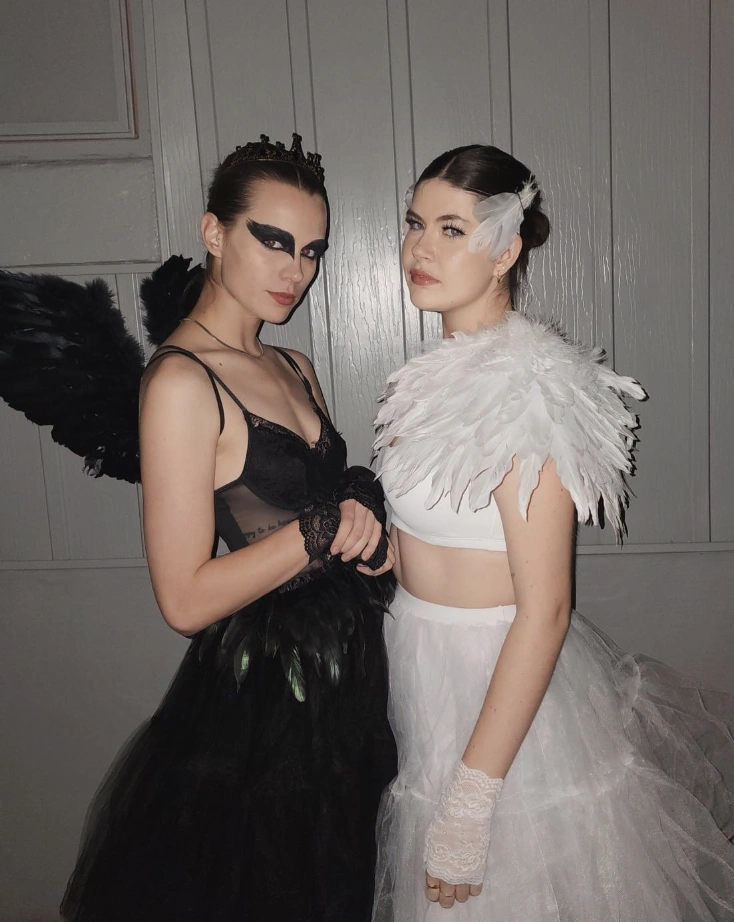 Black Tulle Dress + White Feather Top + Black Feather Wings + Elegant Gloves