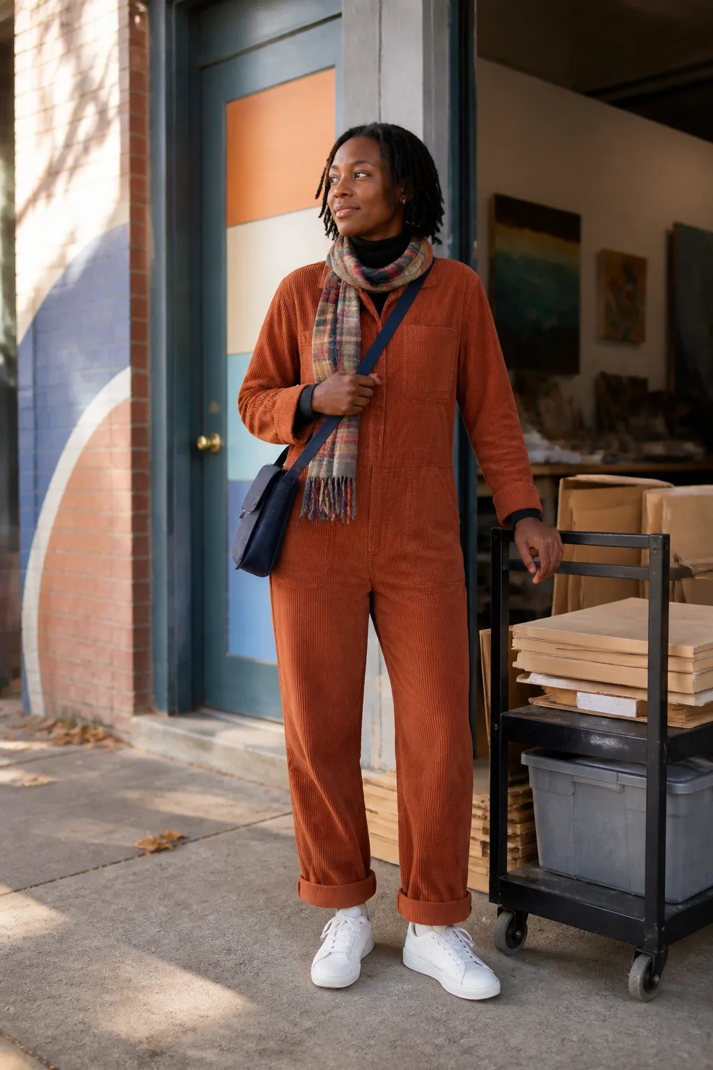 Black Turtleneck, Rust Jumpsuit and White Sneakers