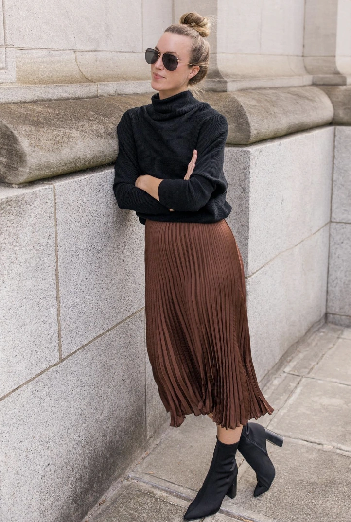 Black Turtleneck Sweater + Brown Pleated Satin Skirt + Black Ankle Boots