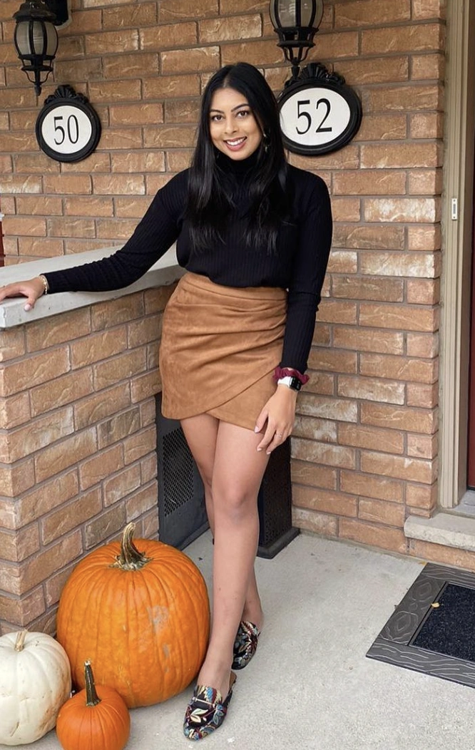 Black Turtleneck Sweater + Brown Suede Mini Skirt + Colorful Slip-On Shoes