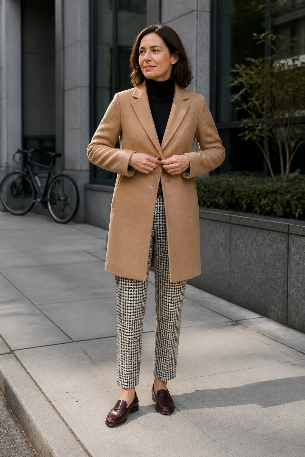 Black Turtleneck Sweater with Houndstooth Pants