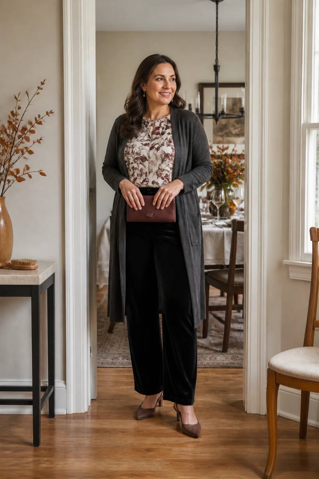 Black Velvet Pants with Printed Chiffon Blouse