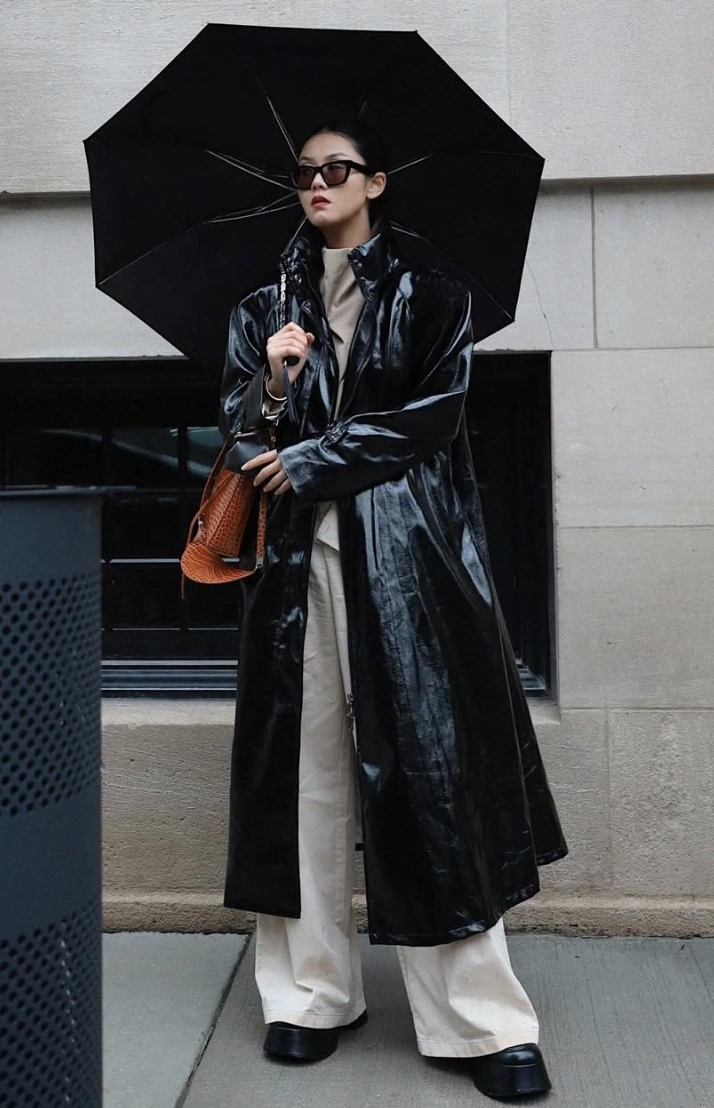 Black Vinyl Trench + Cream Wide-Leg Pants + Structured Handbag