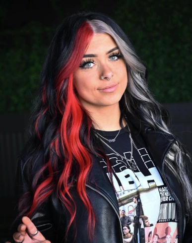 Black Wavy Hair with Orange and Silver Highlights