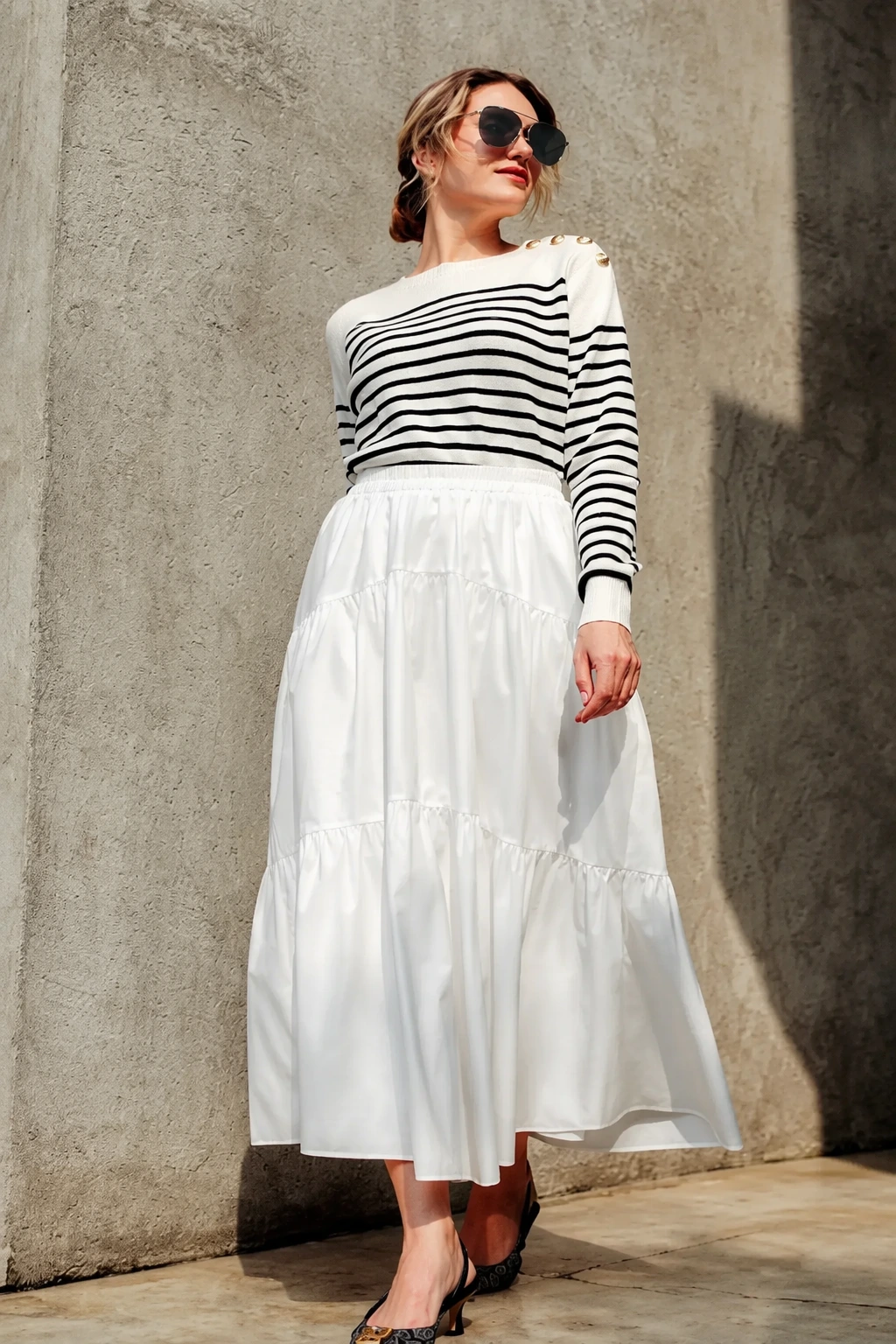 Black White Striped Long Sleeve Top + White Tiered Midi Skirt + Black Slingback Flats