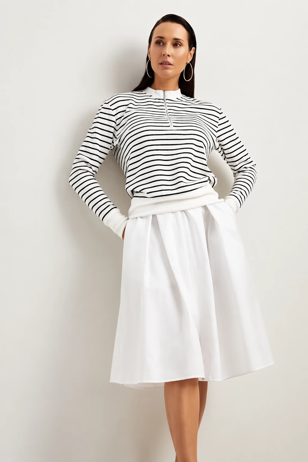 Black White Striped Quarter-Zip Top + White A-Line Midi Skirt + Silver Hoop Earrings
