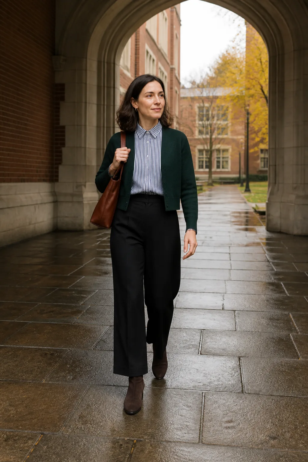 Black Wide-Leg Pants with a Striped Oxford Shirt