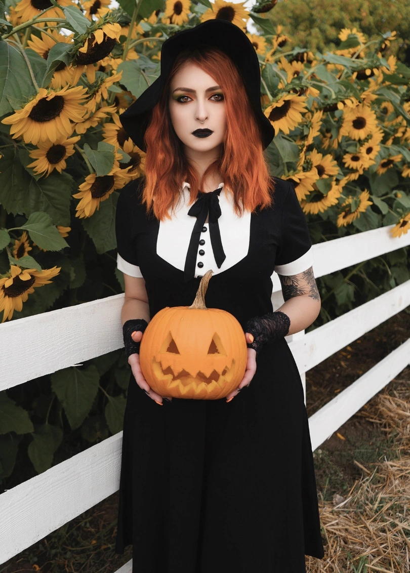 Black Witch Dress + Black Wide-Brim Hat + Orange Jack-o’-Lantern Prop + Black Lace Gloves