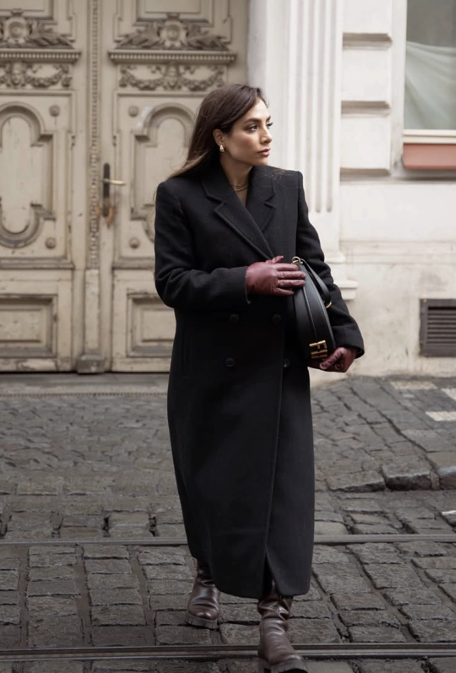 Black Wool Coat + Leather Gloves + Lug Sole Boots