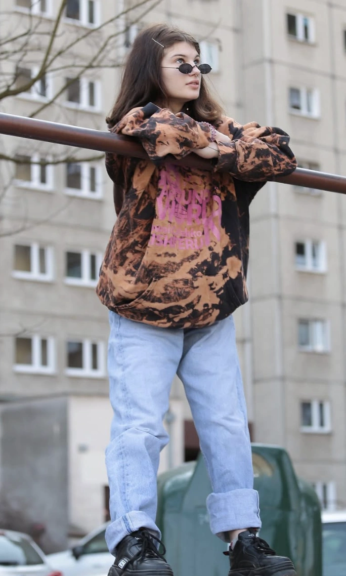 Bleached Graphic Hoodie + Light Wash Jeans + Platform Sneakers