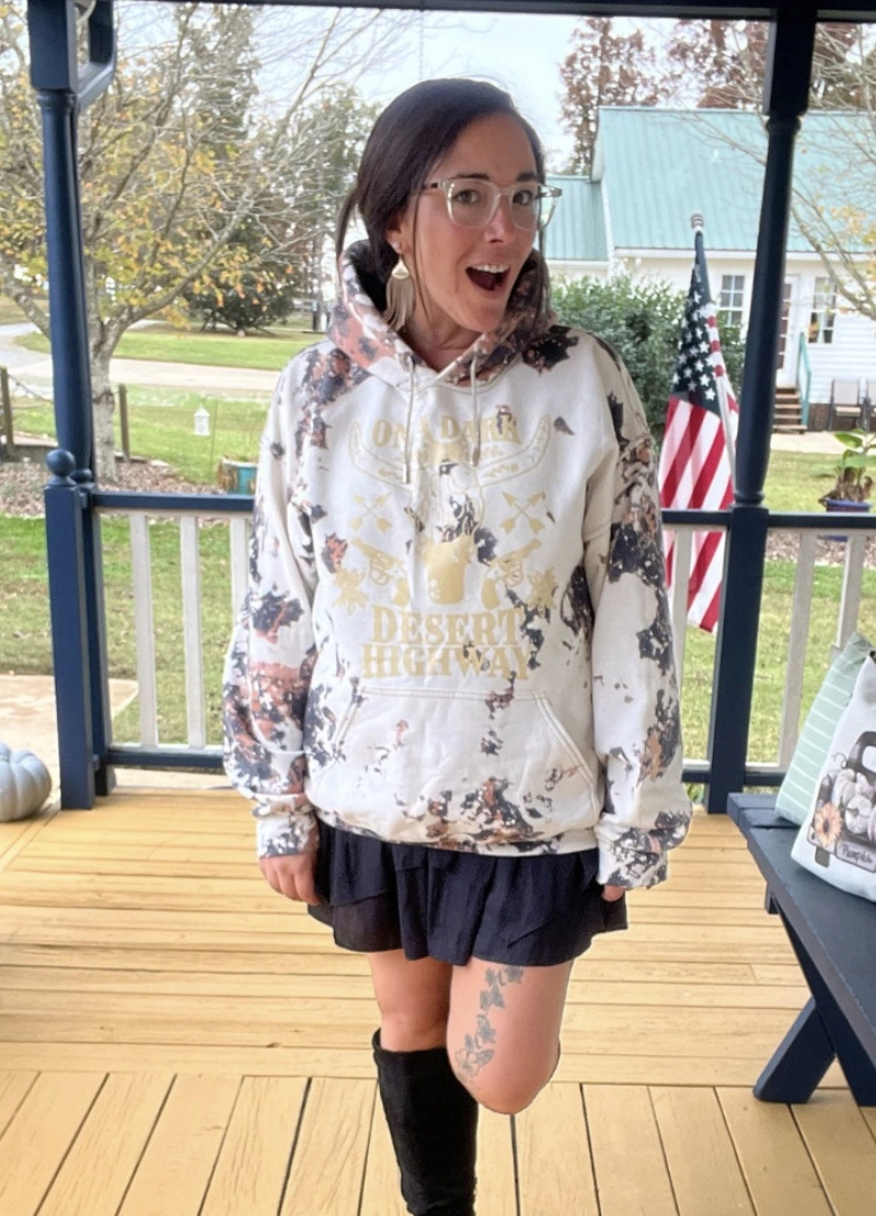 Bleached Graphic Sweatshirt + Ruffle Mini Skirt + Knee-High Boots