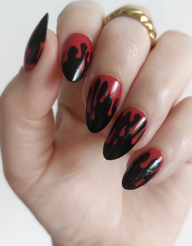 Blood Drip Almond Nails with Black Tips