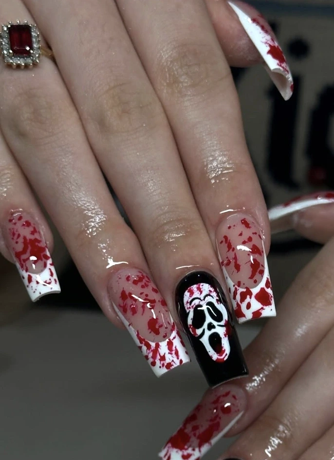 9- Blood Splatter Nails with Ghost Face
