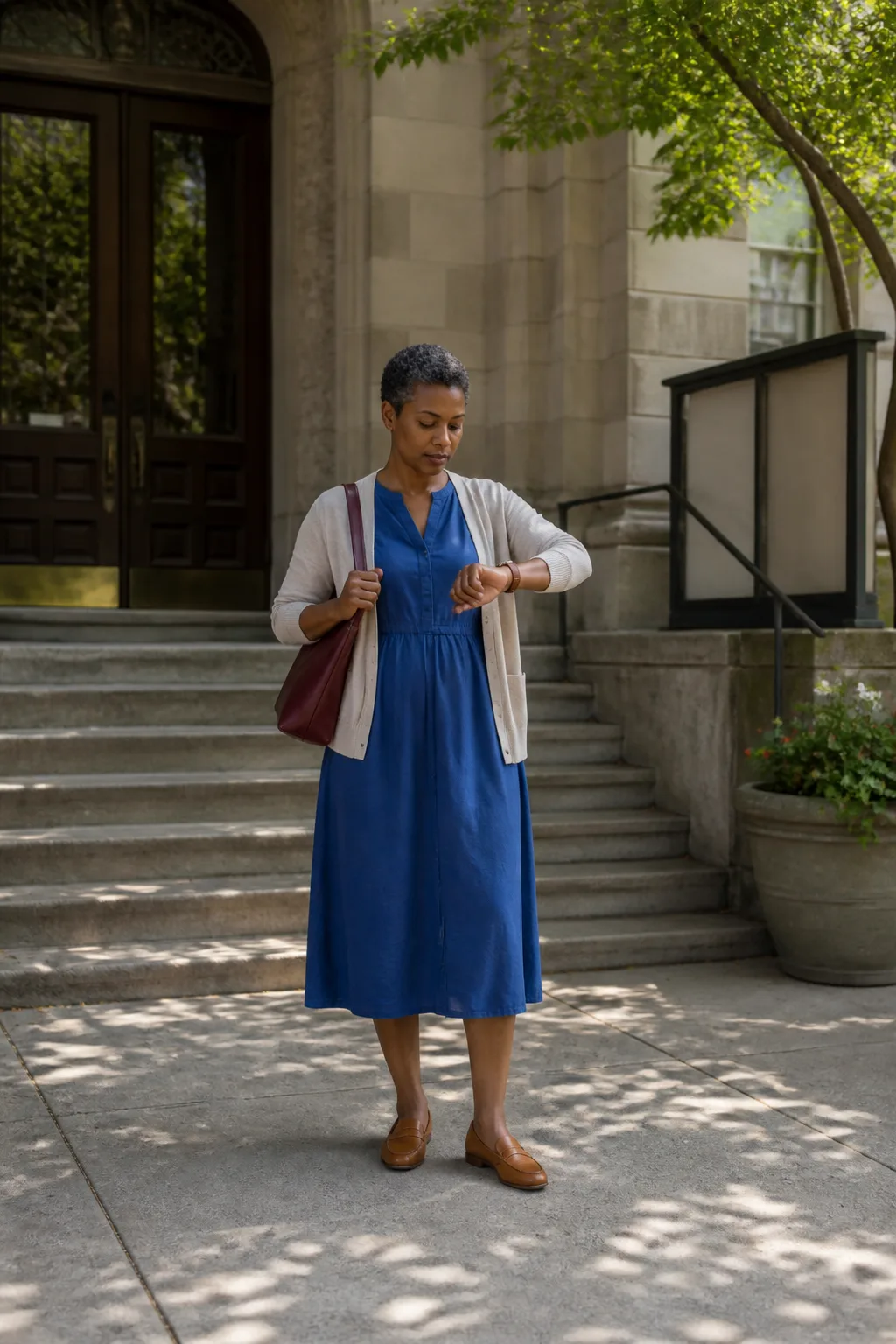 Blue Cotton Midi Dress with Lightweight Cardigan