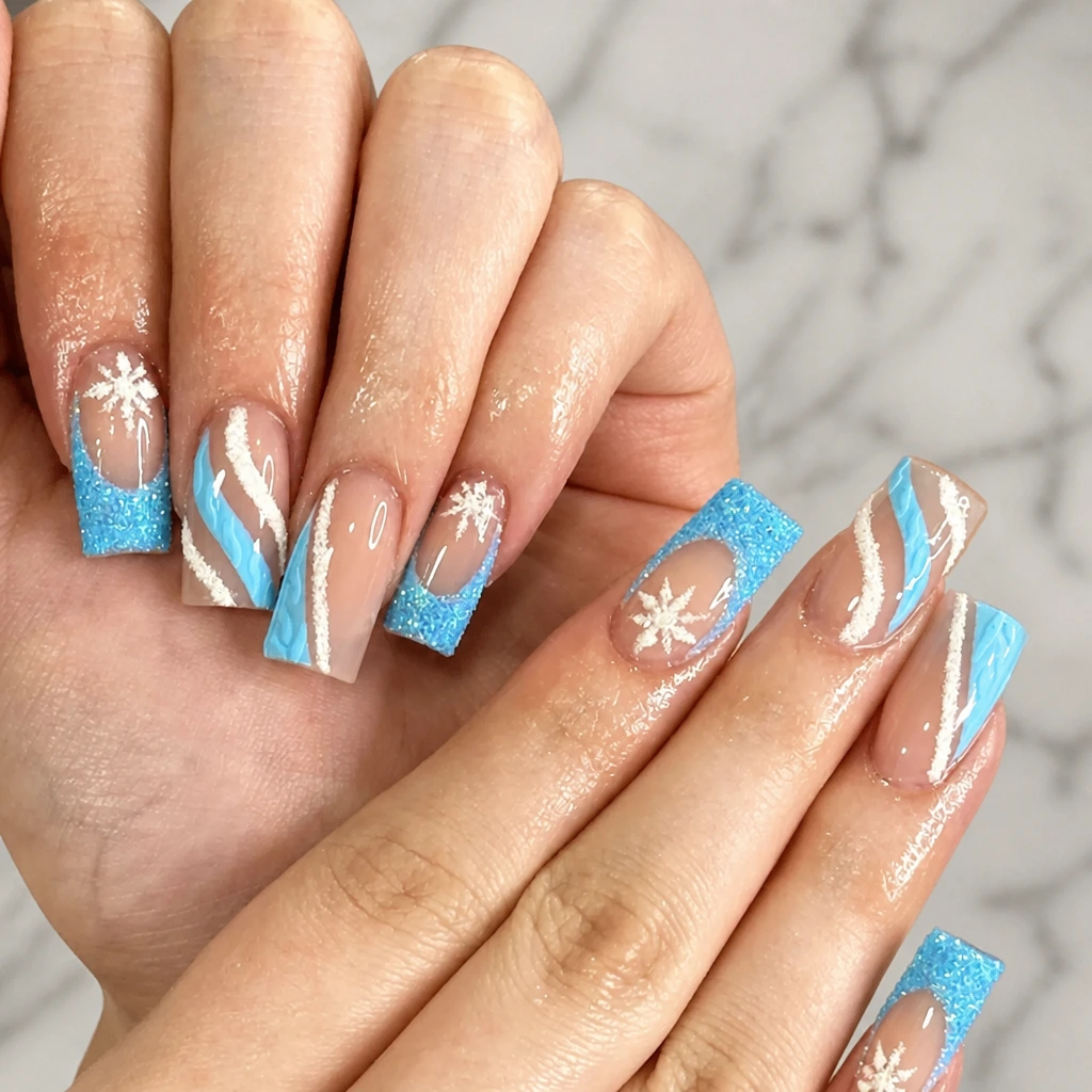 12- Blue Glitter French Tips With Winter Knit Texture