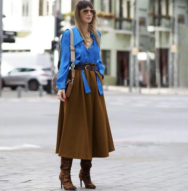 Blue Long Sleeve Blouse + Brown Midi Skirt + Brown Knee High Boots + Brown Wide Belt