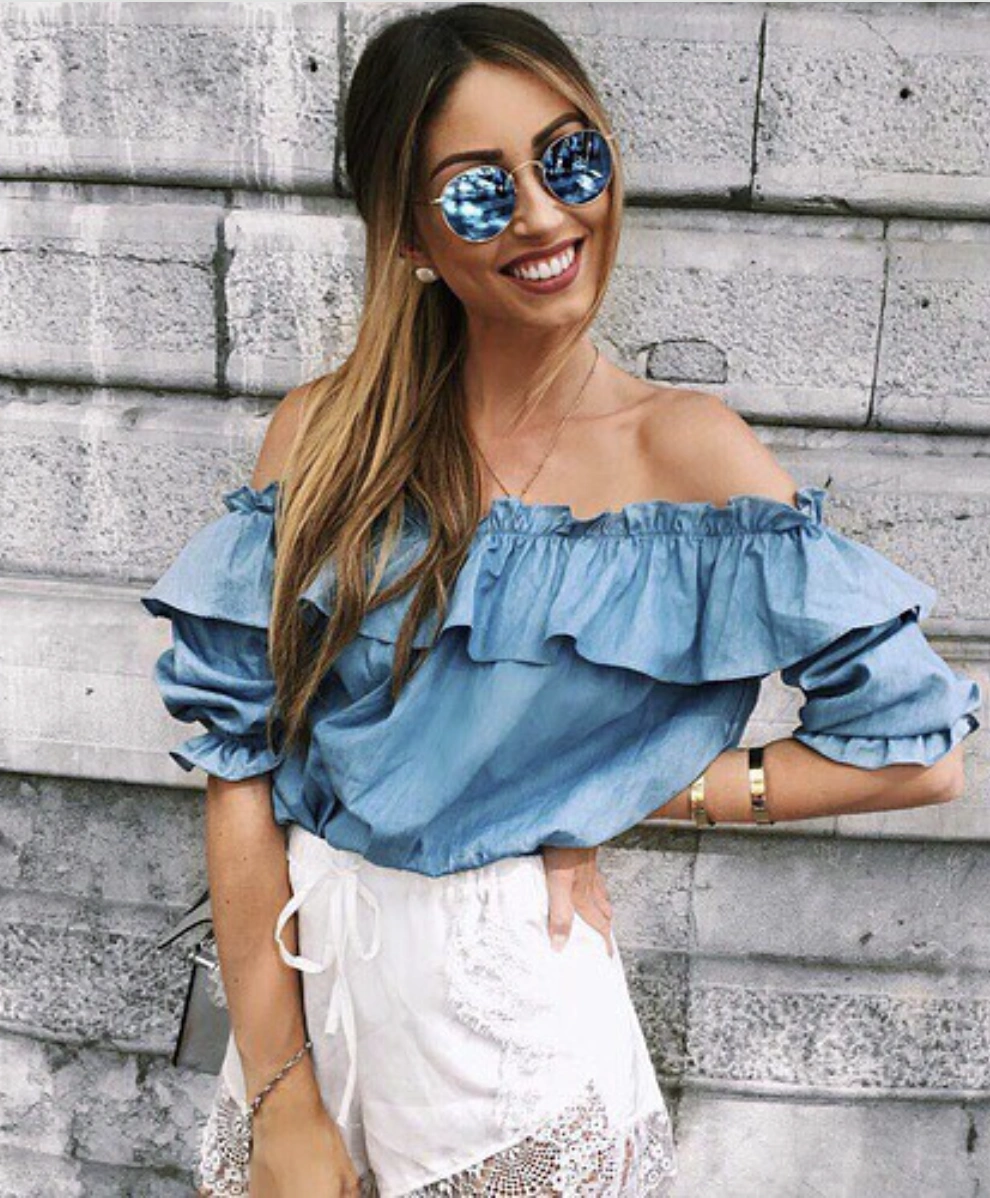 Blue Off-Shoulder Top + White Lace Trim Shorts