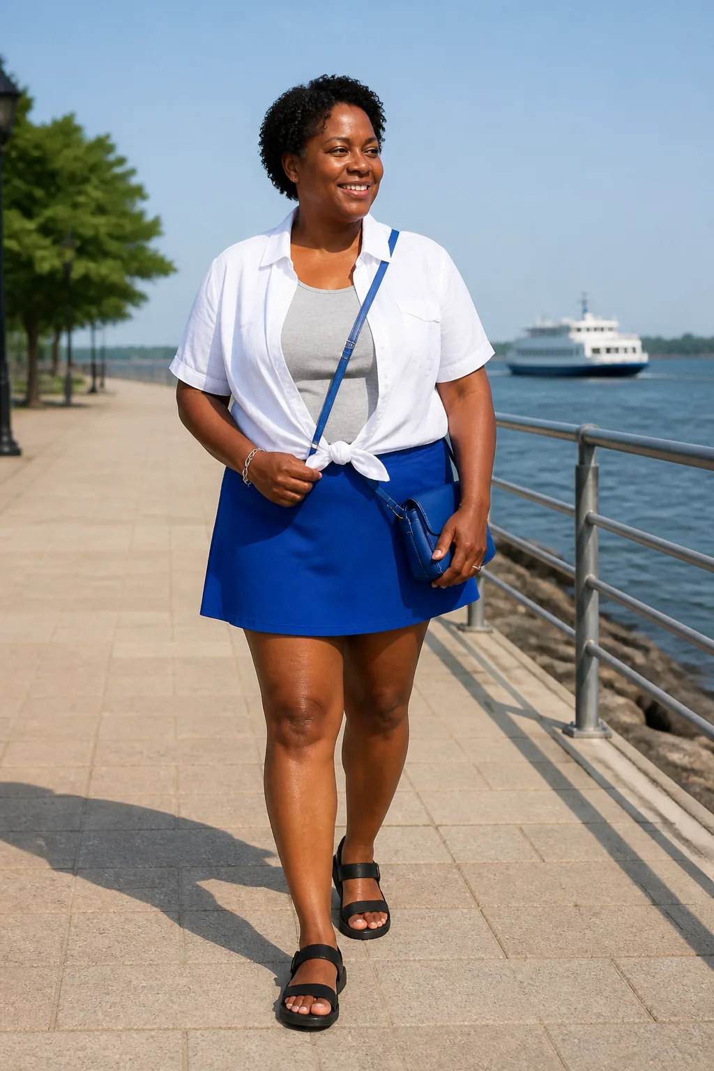 Blue Running Skort, White Oxford Shirt, and Walking Sandals