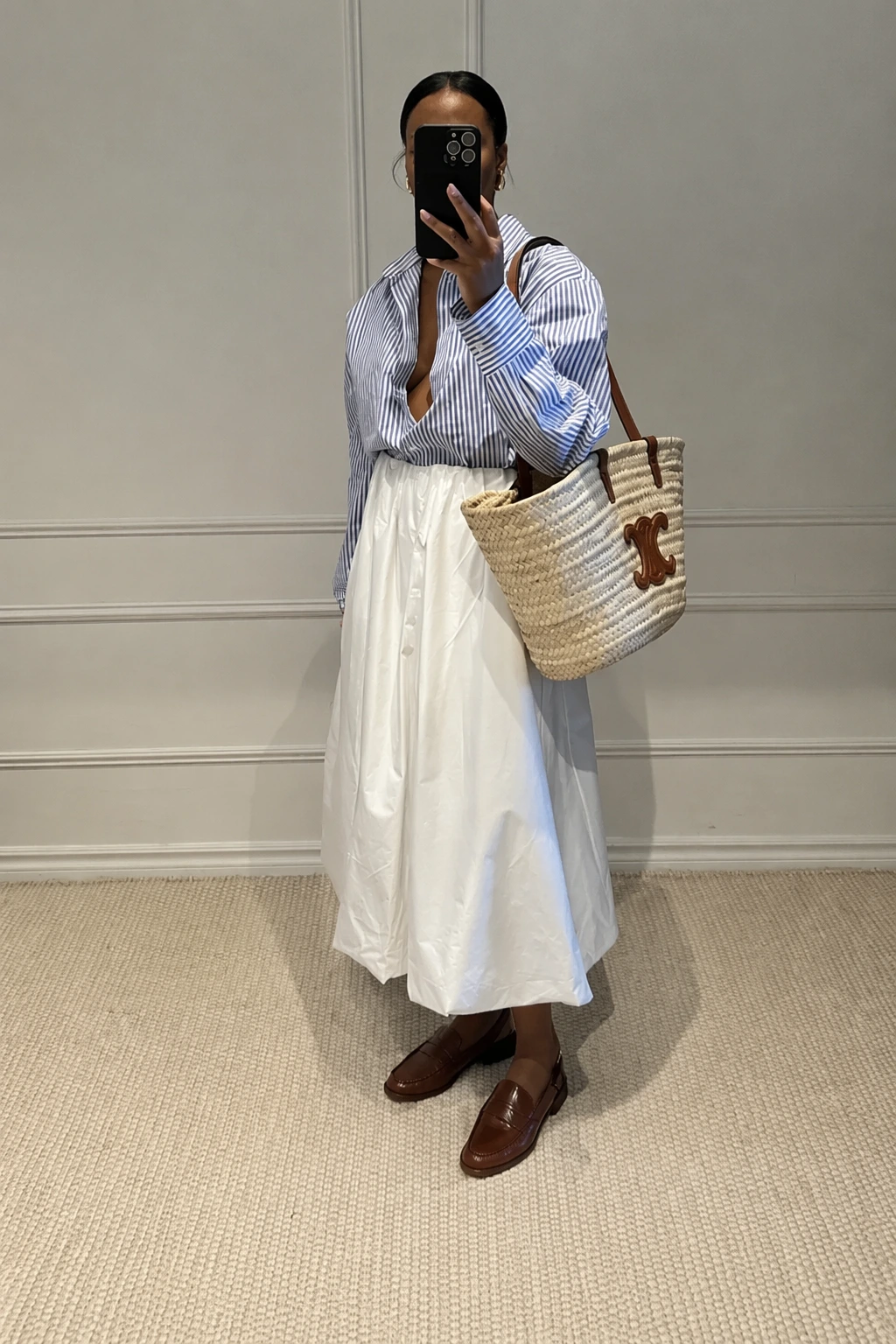 Blue Striped Button-Up Shirt + White Midi Skirt + Brown Leather Loafers