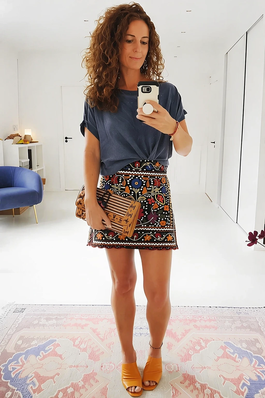 13- Blue Tee and Embroidered Mini Skirt