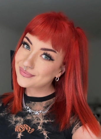 Blunt Bangs with Medium Length Wine Red Hair