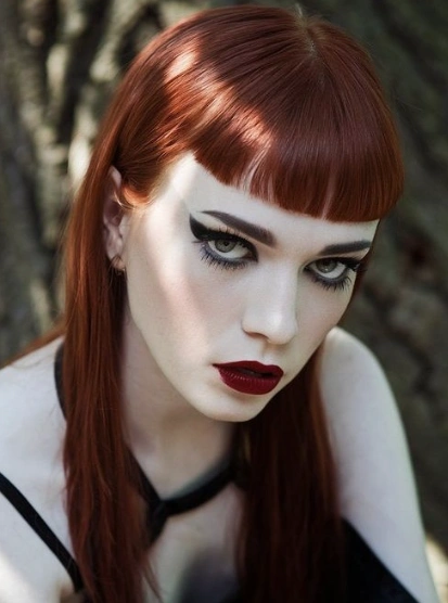 Blunt Copper Red with Baby Bangs and Graphic Liner