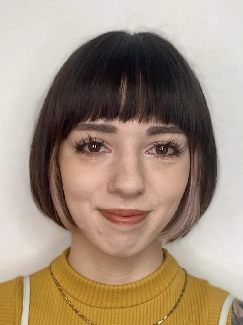 Blunt Dark Chocolate Bob with Micro Bangs and Face-Framing Highlights