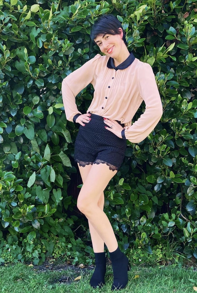 Blush Chiffon Blouse + Black Lace Shorts + Black Ankle Boots